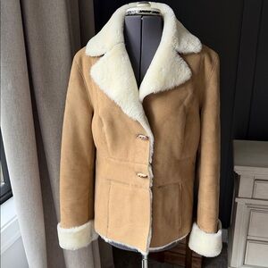 LOFT Faux Fur and Suede like Fabric Cream and Tan Jacket. Size 12 Soft Warm